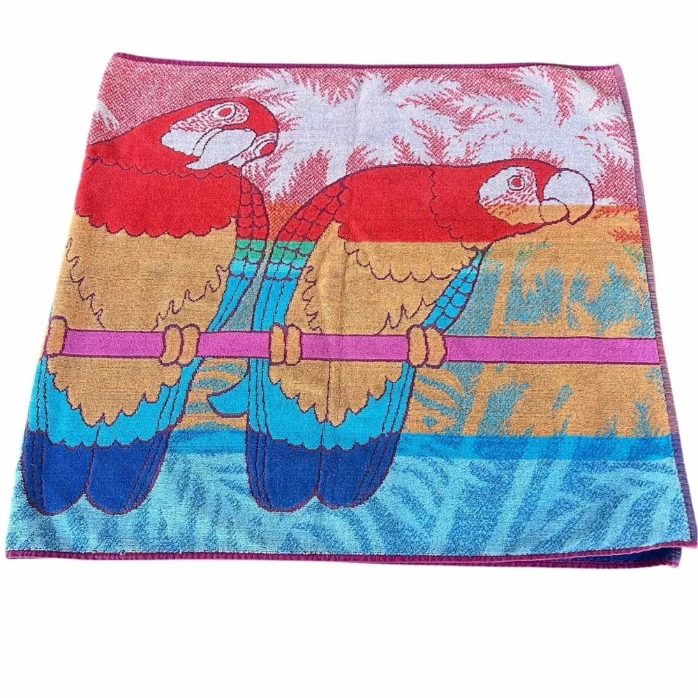 VTG Perched Parrots Palm Trees Retro Beach Towel Bright Colorful 26x55 NICE!